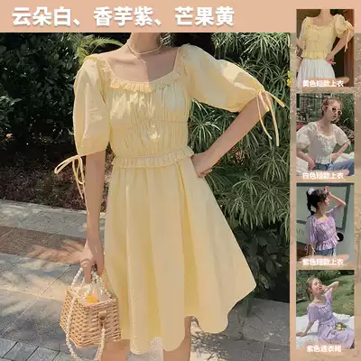 Plum ripe literary and artistic small fresh dress Solid color square collar short version t-shirt top female French square collar dress