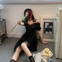 Plum cooked with retro style temperament Jacquard Short Sleeve One-piece Dress Woman 2021 Mesh Yarn Splicing Fairy Skirt Summer