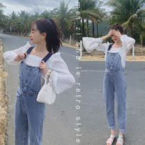 Plum ripe woven multi-pocket strap denim trousers womens high waist slim Joker age age-reducing conjoined pants