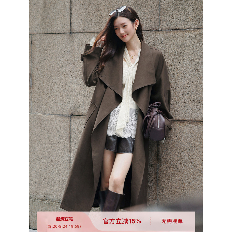Kensington High-Thread-Count Twill Lyocell Cotton Modern Large Lapel Wrap Bathrobe-Style Long Trench Coat