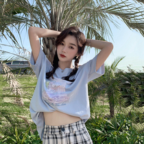 Plum cooked the pick-up printed T-shirt female thin blouse 2021 new teenage girl feel loose round collar short sleeve t-shirt