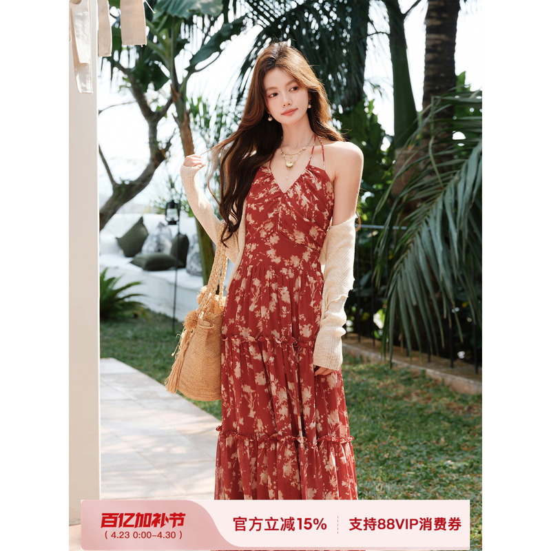 Plums Are Ripe, and the Sunset Rose Is in Full Bloom. Retro Romantic Floral Red V-Neck Dress, Seaside Resort Style Long Dress