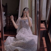 Plum cooked vintage sequin mesh gauze floral dress female 2021 Autumn New French collar fairy dress