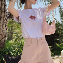 Plum cooked with cute 100 lap stick cloth embroidered short sleeve woman 2021 new loose solid sense round collar T-shirt Summer