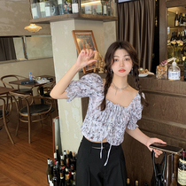 Plum cooked with bubble sleeves snowspun Crushed Flowers Shirt Woman Slim Fit Design Sense Square Collar Lace Short blouses Summer