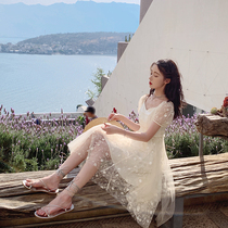 Plum cooked in solid flower lace splicing one-piece dress woman new temperament to collect waist display slim fairy skirt