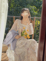 Plum cooked French square collar dress autumn art chiffon floral skirt women 2021 new waist long skirt