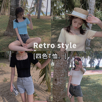 Plum cooked literary hipster lace knitted short sleeve women 2021 early autumn new slim short T-shirt