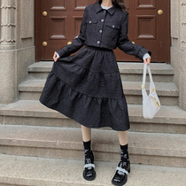 Plum cooked retro jacquard slim body style set womens long sleeve shirt a-shaped cake skirt two-piece set