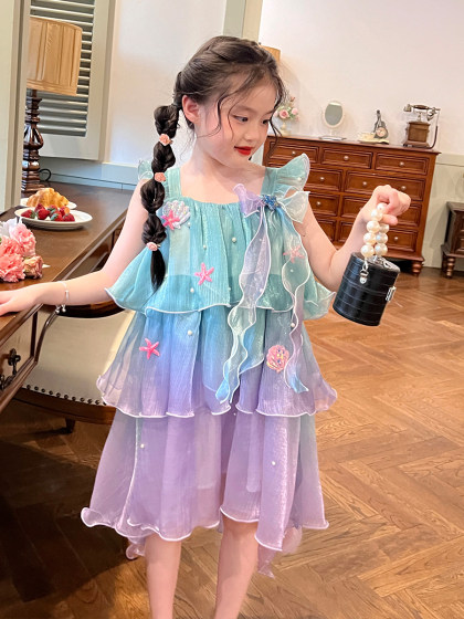 栀了成长记童装女童美人鱼公主裙夏装儿童小女孩彩虹渐变连衣裙