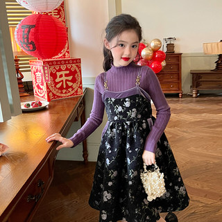 栀了成长记童装女童雪尼尔加绒吊带裙秋冬款儿童名媛风碎花连衣裙