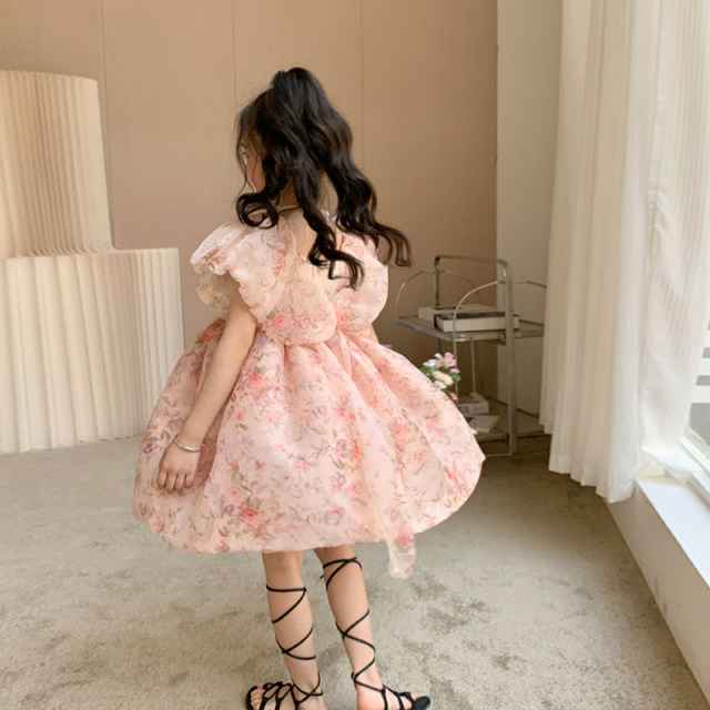 Original children's clothing girls floral princess dress summer new children's puff sleeve dress mesh fluffy skirt