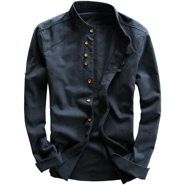 Simple New Men's Casual Linen Shirt Cotton Linen Long Sleeve Stand Collar Chinese Style Slim Retro Linen Thin Shirt