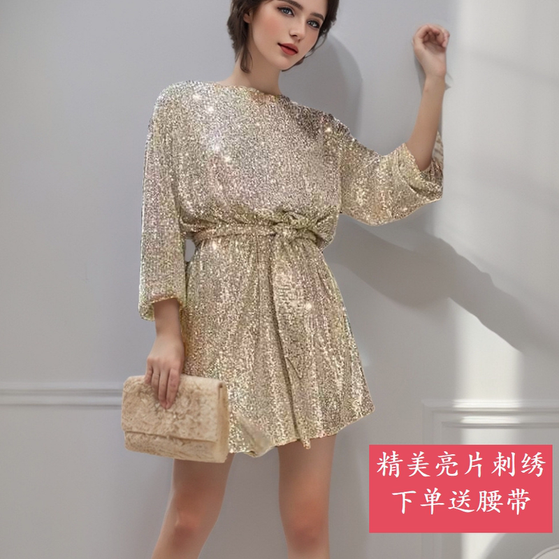 European and American Autumn and Winter New Style Elegant Sequin Round Neck Long-Sleeved Casual Loose Lace-Up Sparkling Sequin Dress