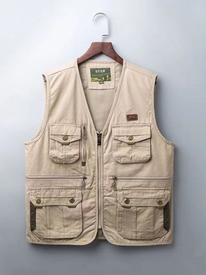 男士马甲外套纯棉中老年春秋马夹宽松坎肩户外多口袋爸爸钓鱼背心