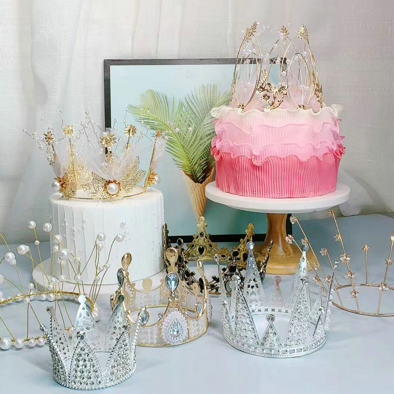 Crown Cake Decoration Swing Adornment For Adults Children Queen Crown Wedding Pearl Crown Pendulum web Red Birthday Plugins