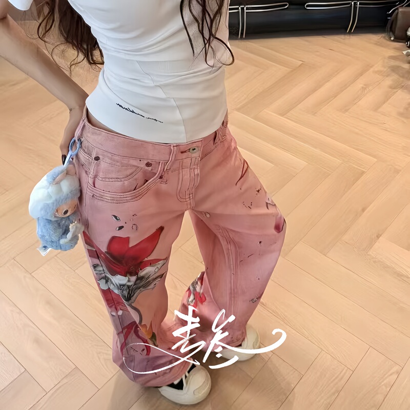 Mai San~In-Stock Version~Pink Vintage Floral Print Straight-Leg Jeans for Women, High-Waisted, Loose, Slimming, and Unique Long Pants