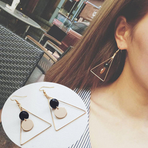 Korean version of long style triangular simple ear pendant retro black wood pearl earrings without earbuds ear clip 925 silver nails