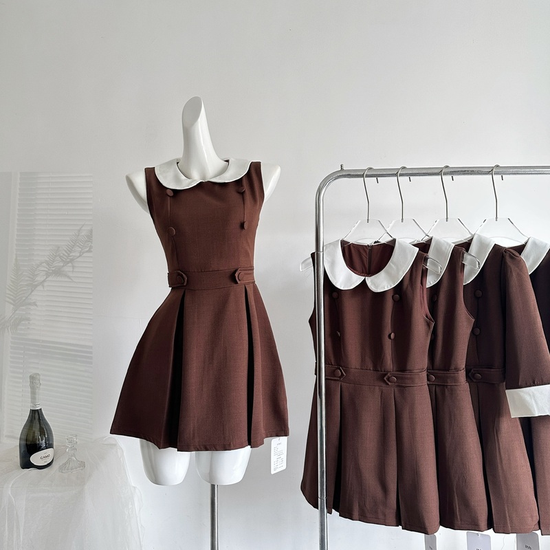 Kara Wholesale丨Rare Chestnut-Colored Miu-Style Double-Breasted Peter Pan Collar Dress, Sleeveless/Quarter Sleeves Kara Wholesale丨Rare Chestnut-Colored Miu-Style Double-Breasted Peter Pan Collar Dress, Sleeveless/Quarter Sleeves