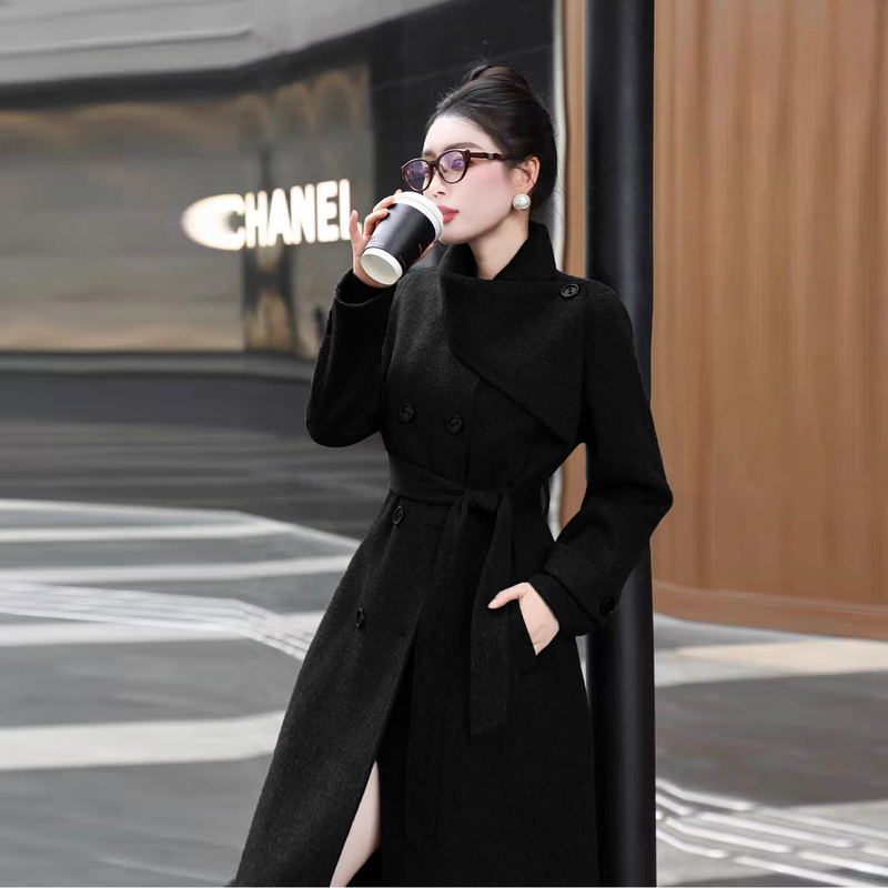 2026 Autumn and Winter New Style Black Mid-Length Hepburn Style High-End Double-Sided Cashmere Woolen Coat for Women