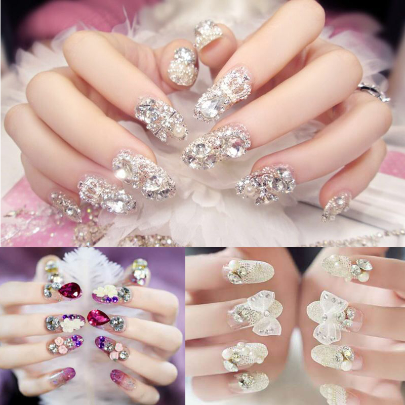 Wearable Fake Nails for Wedding Photos, Finished Bridal Nails, Long Nail Art with Rhinestones, Detachable Tiktok Nails