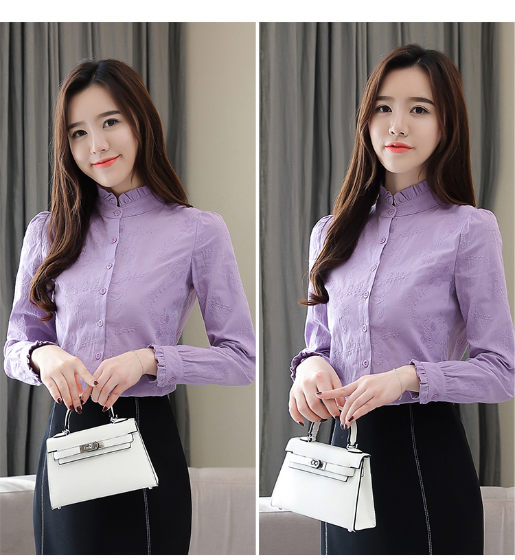 Áo sơ mi nữ 2018 thu đông mới cổ áo sơ mi nữ cotton dài tay Han Fan mùa thu đông cộng với áo nhung áo sơ mi bó dài tay nữ