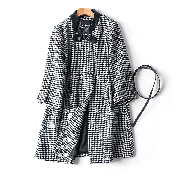 Mùa đông! Bow houndstooth áo len dài vừa áo dạ nữ