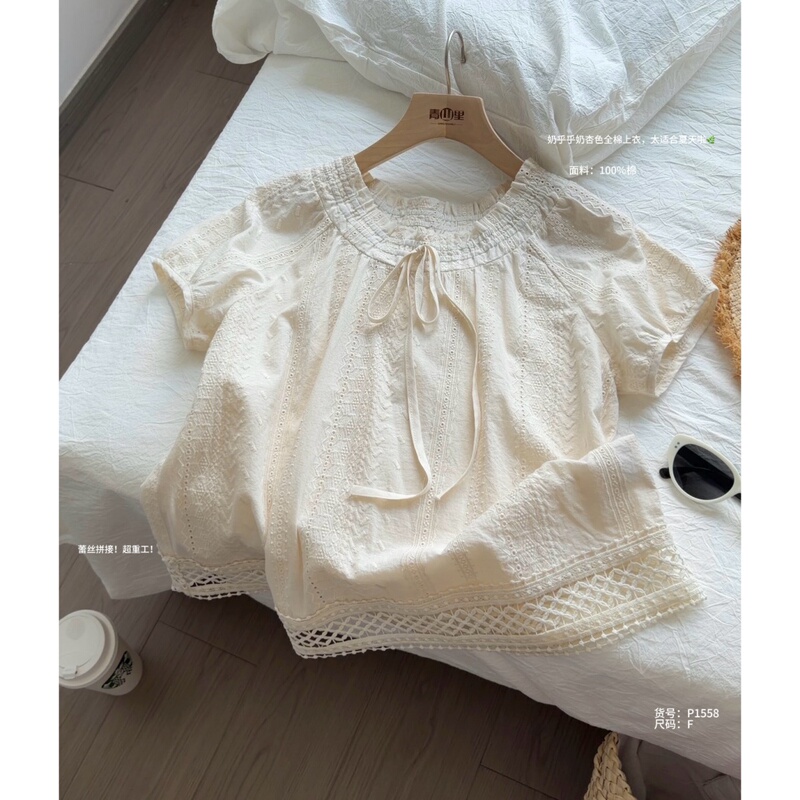 P1558-100% Cotton Heavy-Duty Embroidered Lace Patchwork Blouse, New Summer Style Sweet and Youthful Short-Sleeve Top P1558-100% Cotton Heavy-Duty Embroidered Lace Patchwork Blouse, New Summer Style Sweet and Youthful Short-Sleeve Top