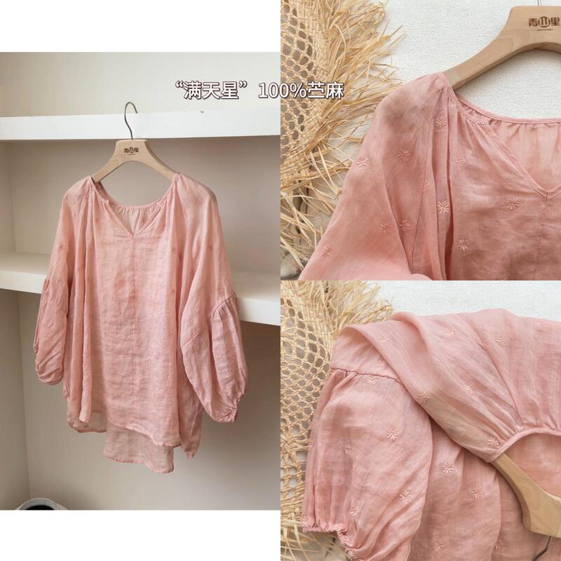 P1344- "Gypsophila Sky" 100% Ramie Embroidered Pullover Shirt, Lightweight V-Neck Original Design for Women P1344- "Gypsophila Sky" 100% Ramie Embroidered Pullover Shirt, Lightweight V-Neck Original Design for Women