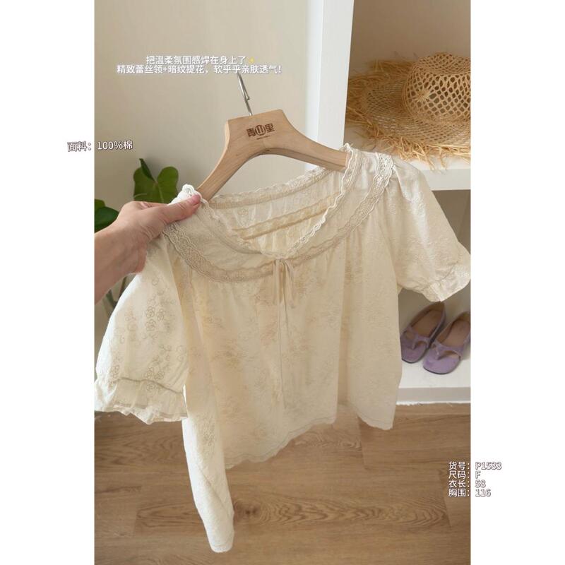 P1533-100% Cotton Gentle Style Lace Splicing Summer New Short-Sleeved Lace Collar Embroidered Lace-Up Korean Style Top P1533-100% Cotton Gentle Style Lace Splicing Summer New Short-Sleeved Lace Collar Embroidered Lace-Up Korean Style Top