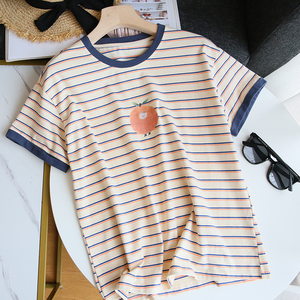 苹果条纹T恤女短袖内搭宽松夏韩版丝光棉