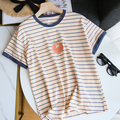 苹果条纹T恤女短袖内搭宽松夏韩版丝光棉