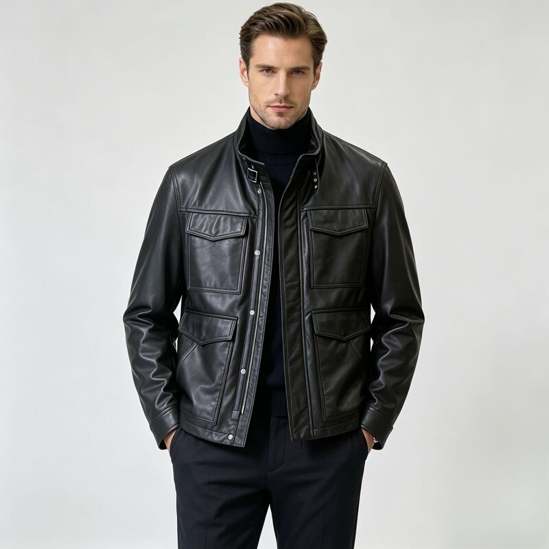 New Genuine Leather Jacket for Men with Multiple Pockets, Top Layer Cowhide, Stand Collar, Short Workwear Leather Jacket, Hunting Leather Jacket for Men