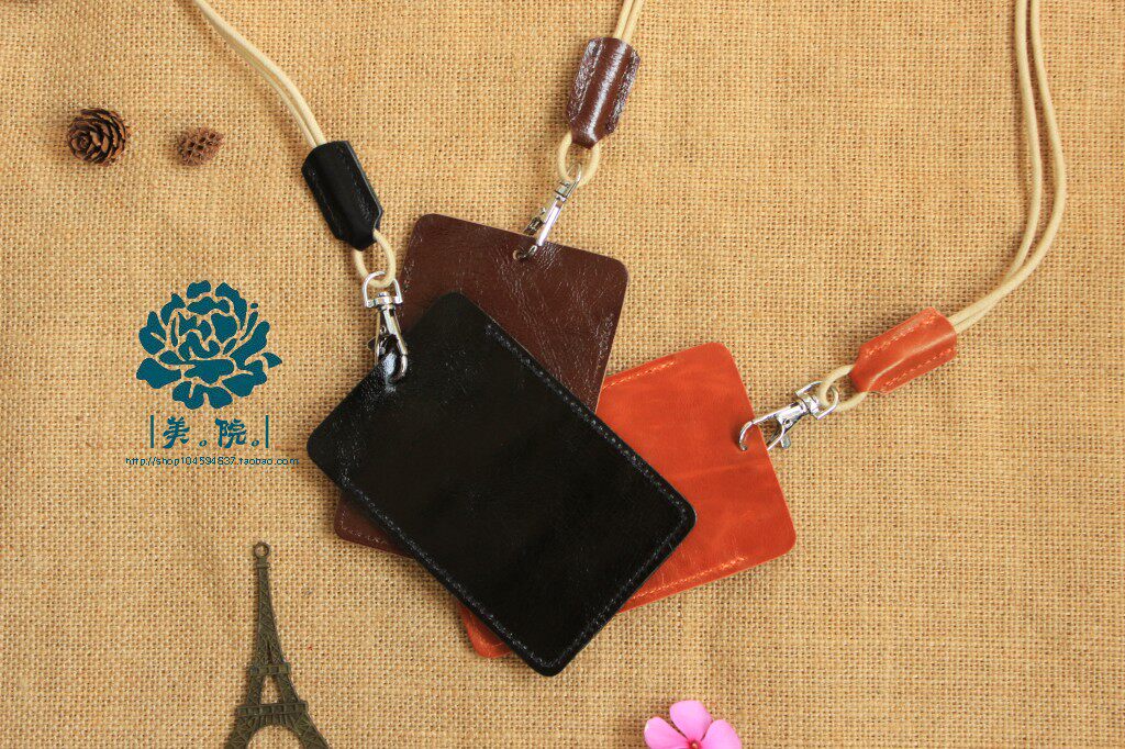 Leather first layer leather men's and women's neck-hanging bus card set entrance guard school card certificate work badge brand horizontal and vertical