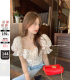 Summer lace-up French square collar puff sleeve one-shoulder floral shirt women's summer chiffon babydoll short top