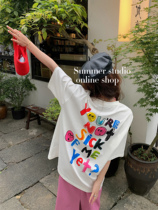 Summer Home Large version of long style Colorful Print Loose 100 lap short sleeve T-shirt woman superior feel the missing blouse
