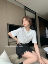 Summer home Summer lace lace lace splice round and collar white short sleeves t - shirts ladies relaxed design and niche clothes