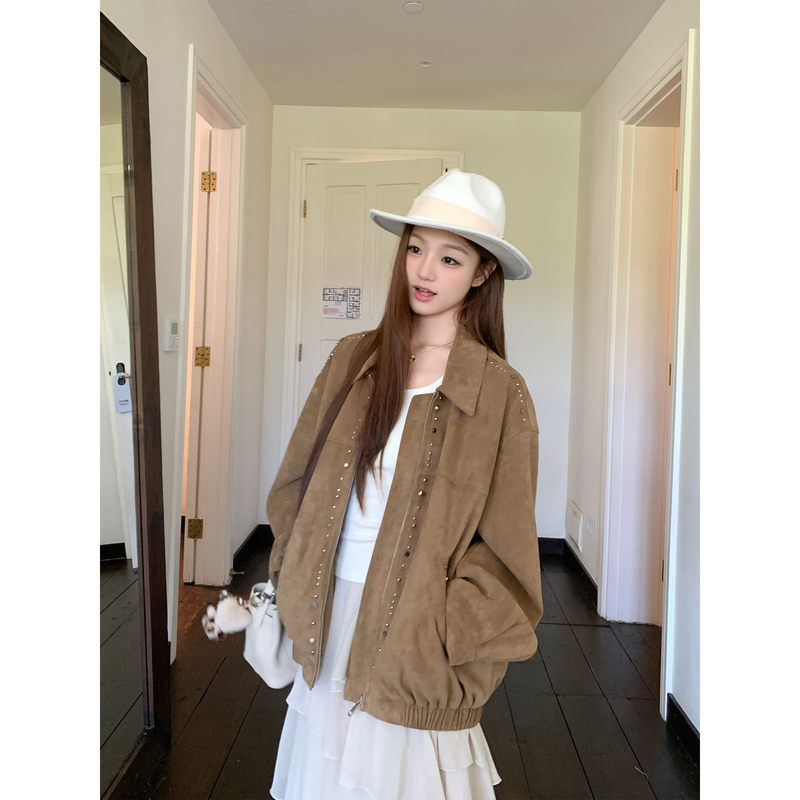 Summer Home Manchester City Vintage High-End Barn Style Retro Studded Leather Jacket Women's Loose Suede Jacket Autumn Summer Home Manchester City Vintage High-End Barn Style Retro Studded Leather Jacket Women's Loose Suede Jacket Autumn