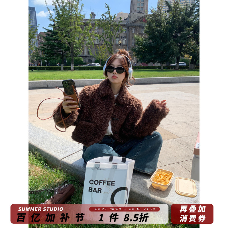 Summer Curly Teddy Bear Lamb Fur One-Piece Fur Coat for Women, Autumn and Winter Short Style for Petite Figures, Thick Cotton Coat