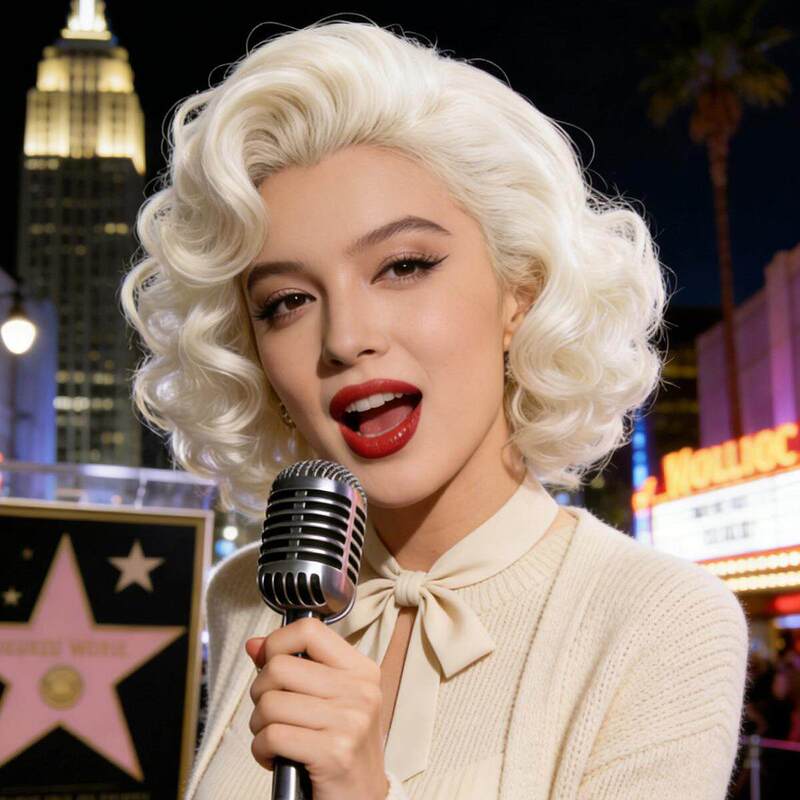 European and American Marilyn Monroe Cosplay Wig for Women, Fluffy Light Gold Hand-Curled Short Hair, Holiday Party Short Hair