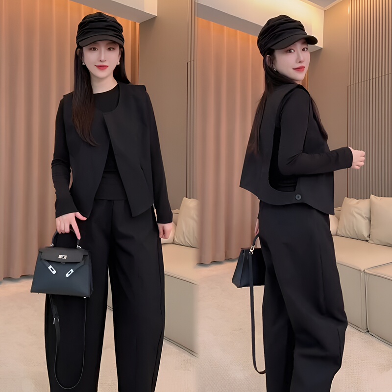 Minimalist Style Black Suit for Women 2026 Autumn New Slim-Fit Commuter High-End Vest Wide-Leg Pants Three-Piece Set Trendy