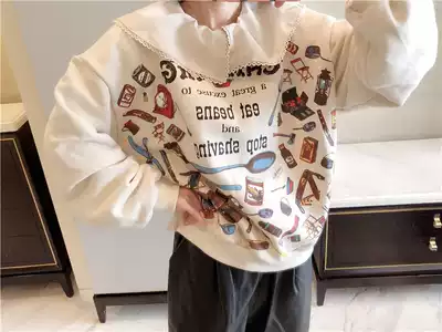 Special BORAKOO Korea Dongdaemun winter beige full printing cartoon pattern round neck plus velvet plus thick cotton T