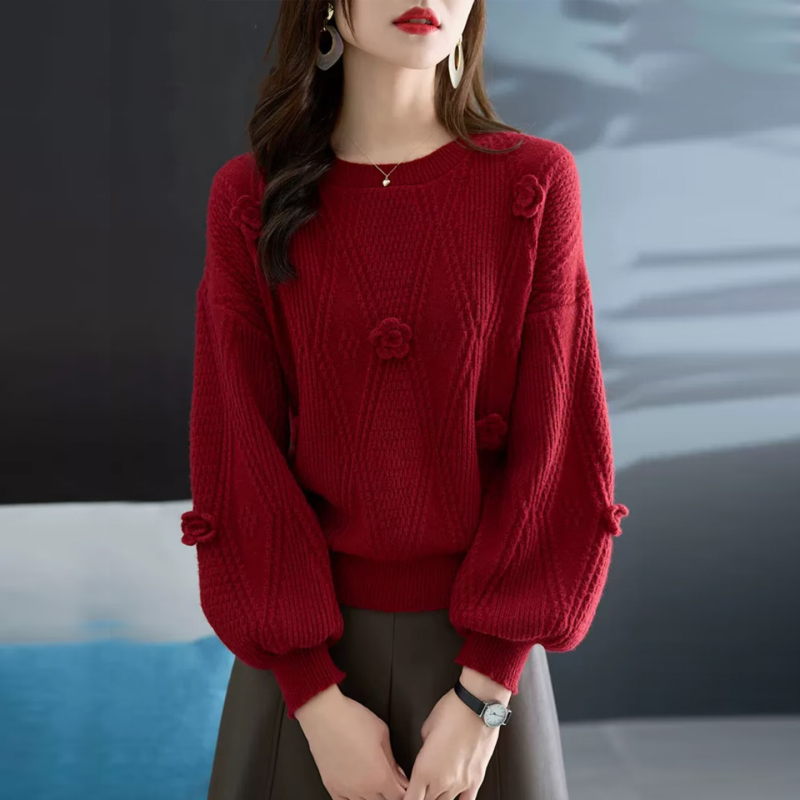 High-End and Super Stylish New Year Red Sweater Base Layer for Women, Autumn and Winter 2026 New Style Lantern Sleeve Loose Knit Top