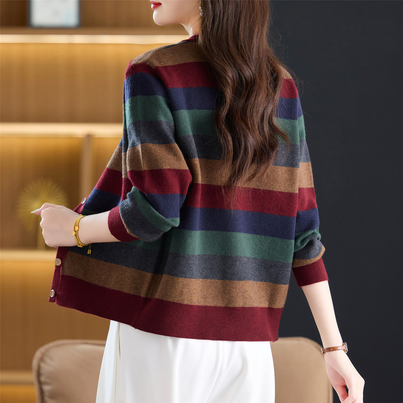 Striped Pure Wool Knitted Cardigan for Women, Spring and Autumn 2026 New Stylish Plus-Size Women's Outerwear, Loose Sweater Coat Striped Pure Wool Knitted Cardigan for Women, Spring and Autumn 2026 New Stylish Plus-Size Women's Outerwear, Loose Sweater Coat