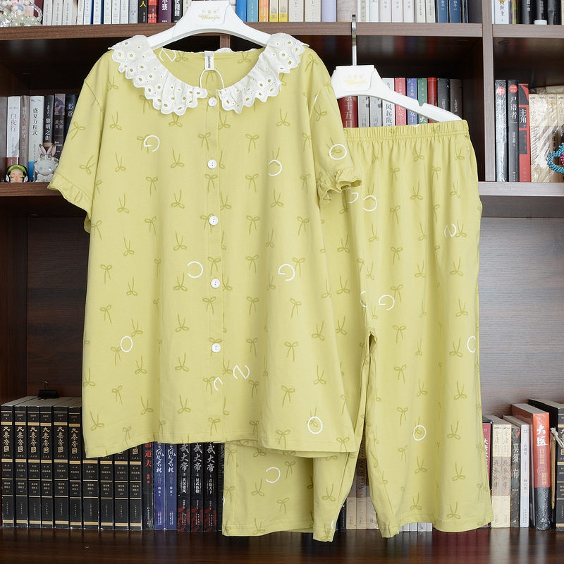 Plus Size Pajamas for Fat Women 100kg 150kg Summer Thin Pure Cotton Cardigan Button Short Sleeve Three-Quarter Pants Extra Large with Bow