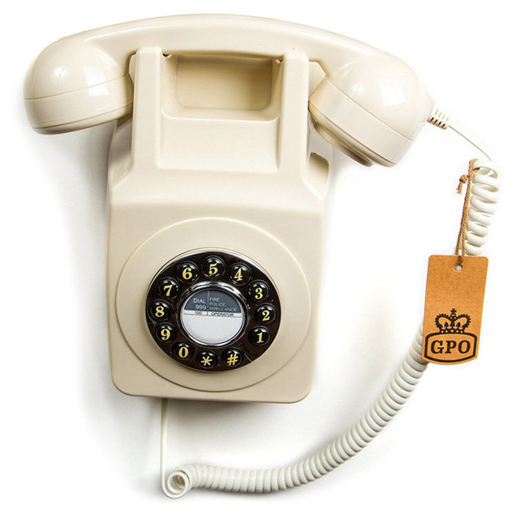 British import GPO 746 Inform retro press dial telephone wall-mounted fixed with rope holder