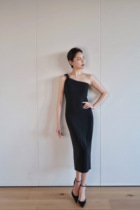 deebydwang slanted shoulder dress waist slim temperament long skirt strapless long slim body