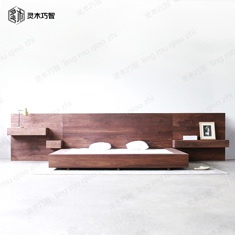 Black walnut Nordic high-end solid wood furniture tatami one-piece big bed presidential suite large double bed
