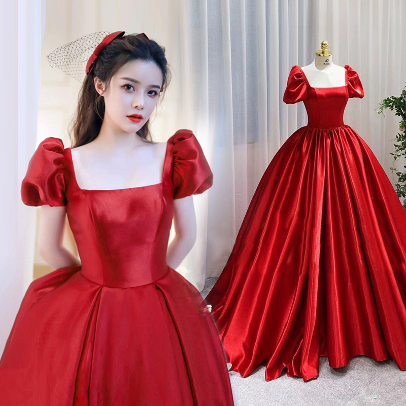 Satin toast dress bride red wedding dress 2022 atmospheric simple stage performance princess tutu skirt evening dress female