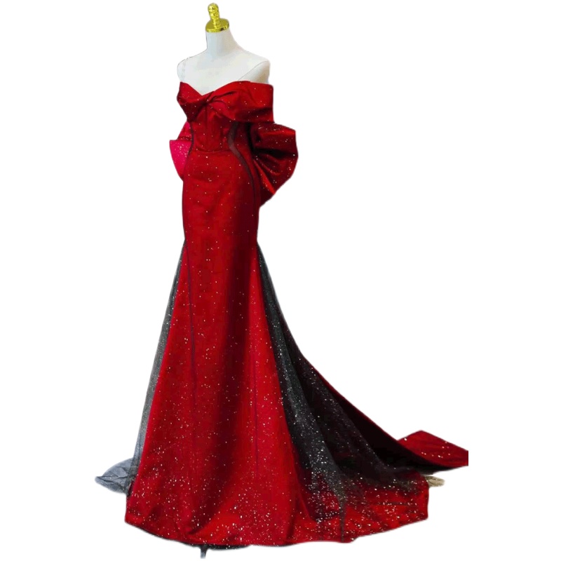 Red evening dress for bride, design wedding dress with bow, long skirt, open shoulders,  Red evening dress for bride, design wedding dress with bow, long skirt, open shoulders,